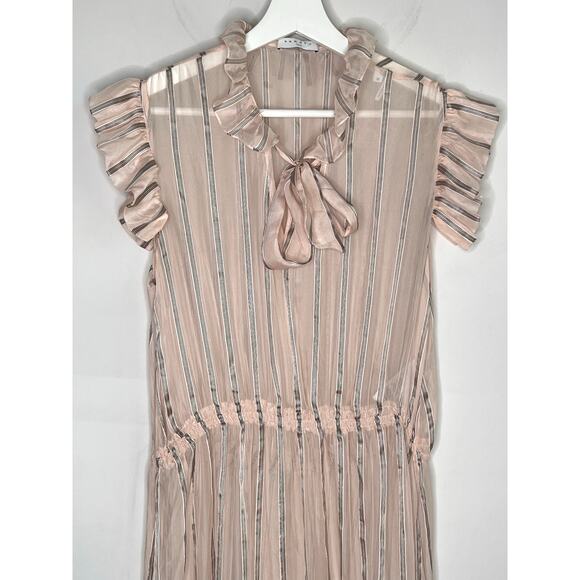 Sandro Cuba To Paris Maki Sheer Overlay Striped Silk Midi Dress Blush Women's 38 - Picture 3 of 13
